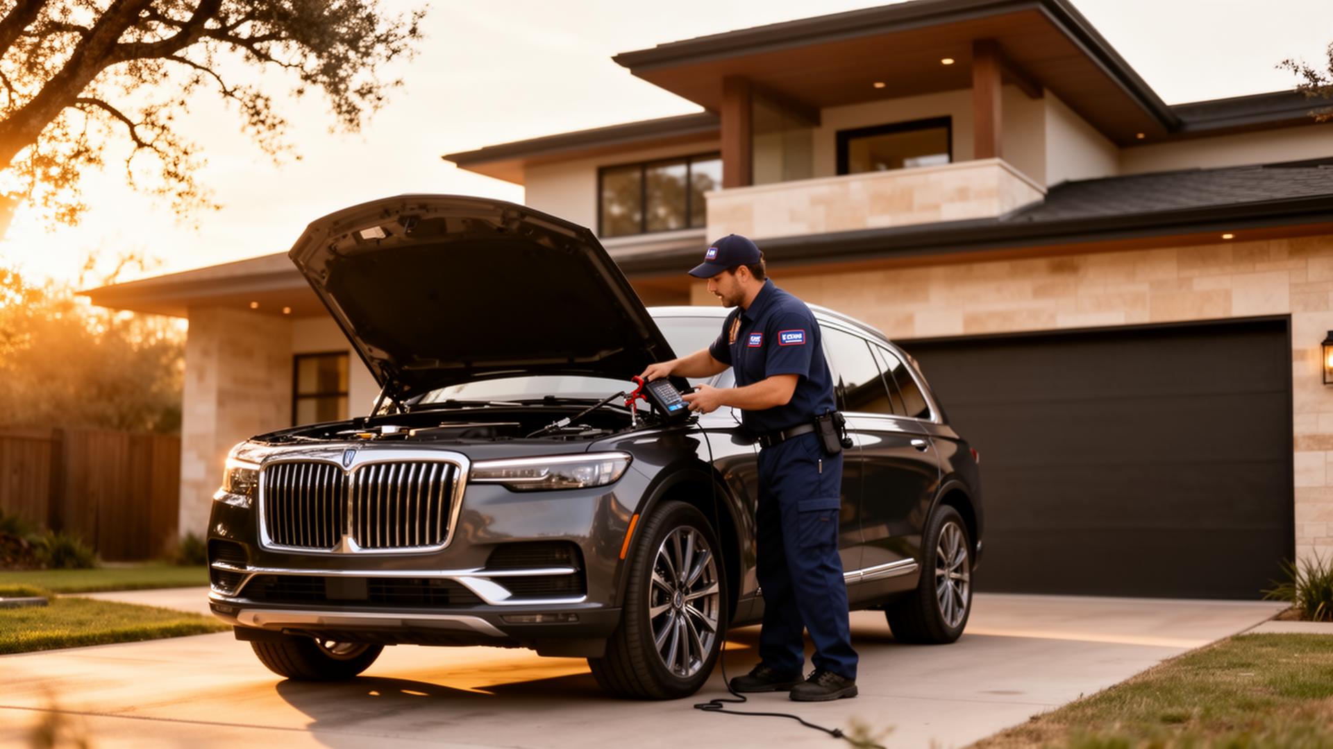 OMW Auto mobile mechanic servicing a luxury SUV in an upscale Texas driveway